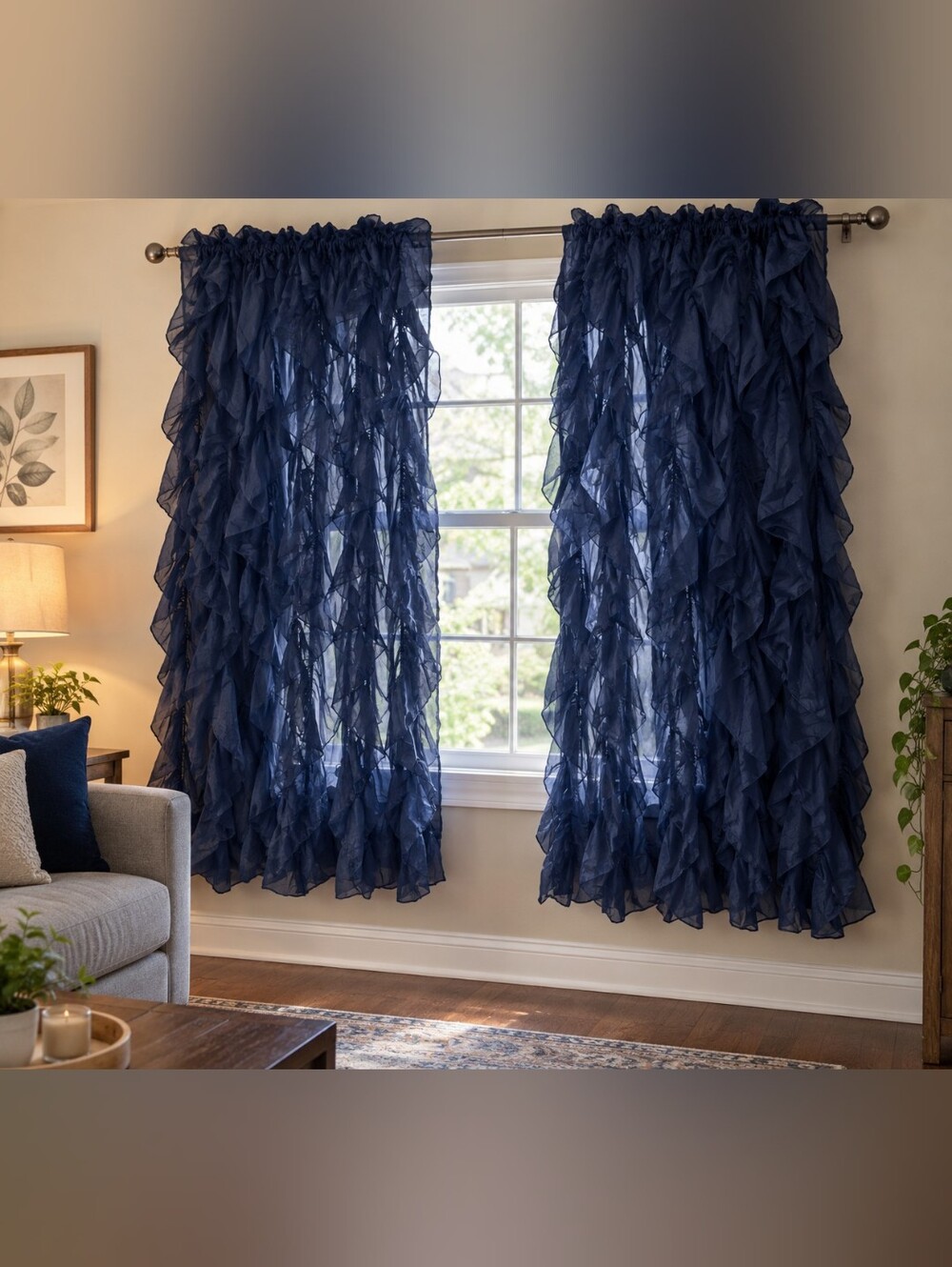 2 Pack Window Panel Sheer Navy Voile Vertical Ruffle Waterfall Curtain Panels